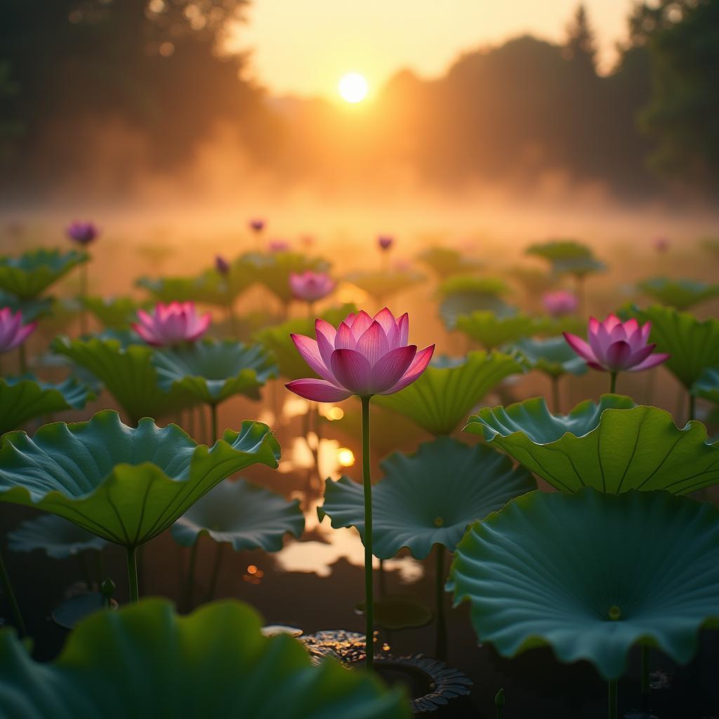 Misty Lotus Pond at Cinematic Sunrise