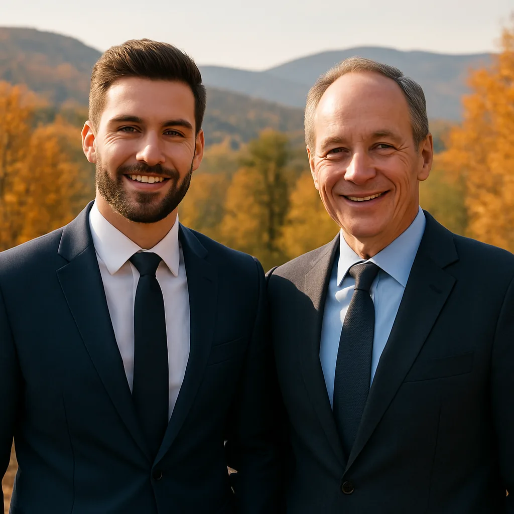 Two Men in Formal Suits Standing Outdoors