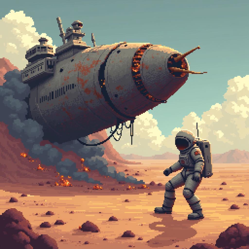 Pixel Astronaut Escaping a Wrecked Desert Ship