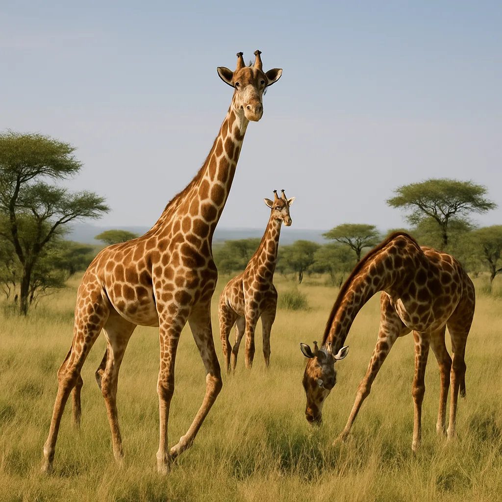 Three Giraffes Grazing in a Grassy Savanna with Sparse Trees