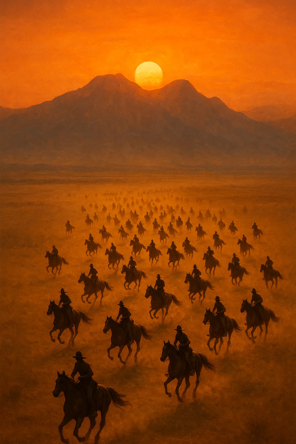 Numerous Tiny Figures on Horseback Gallop Across an Expansive