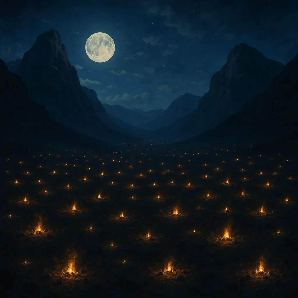 Countless Distant Campfires Dot a Sprawling Dark Valley Floor