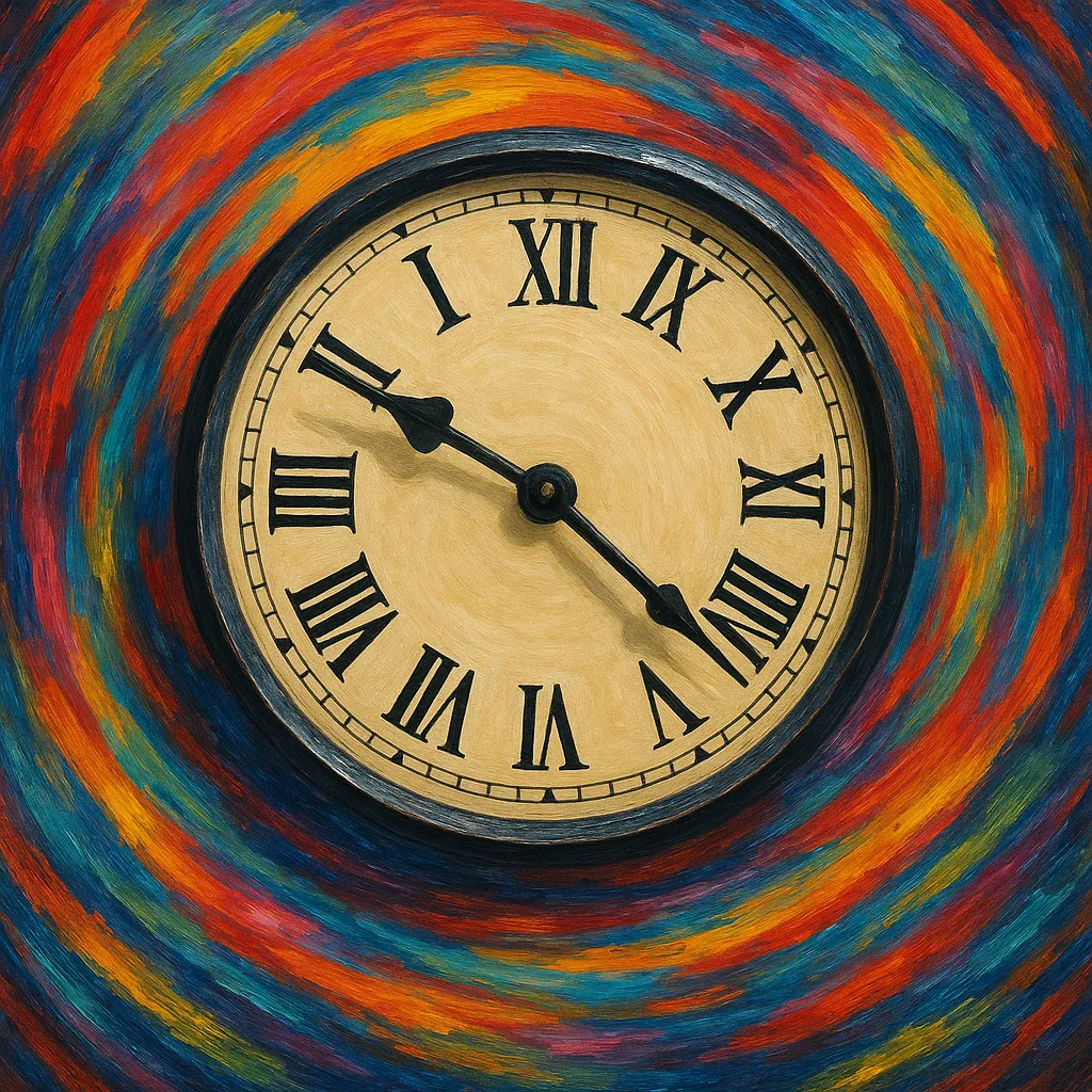 Reversed-hand Clock Spinning Backward Against a Lively