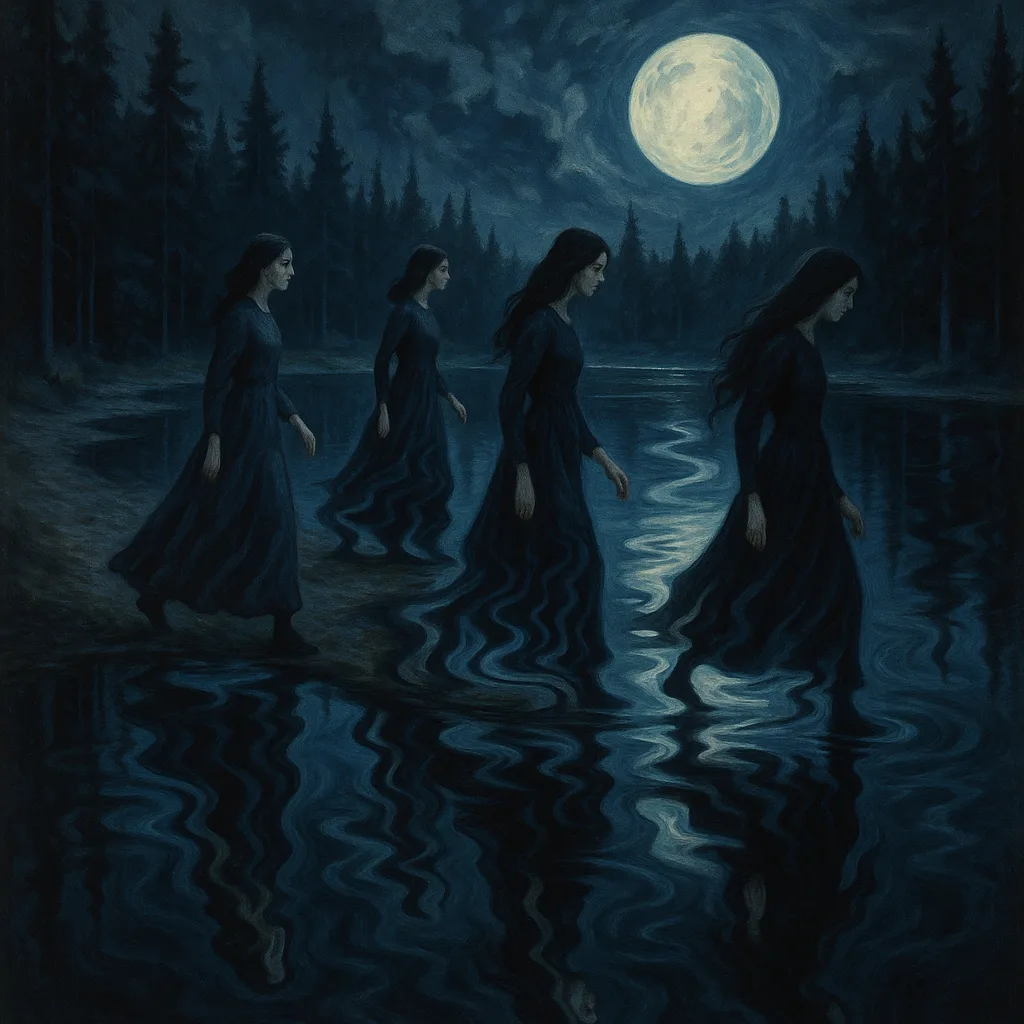 Surreal Image with Women Walking Along a Forest Lake