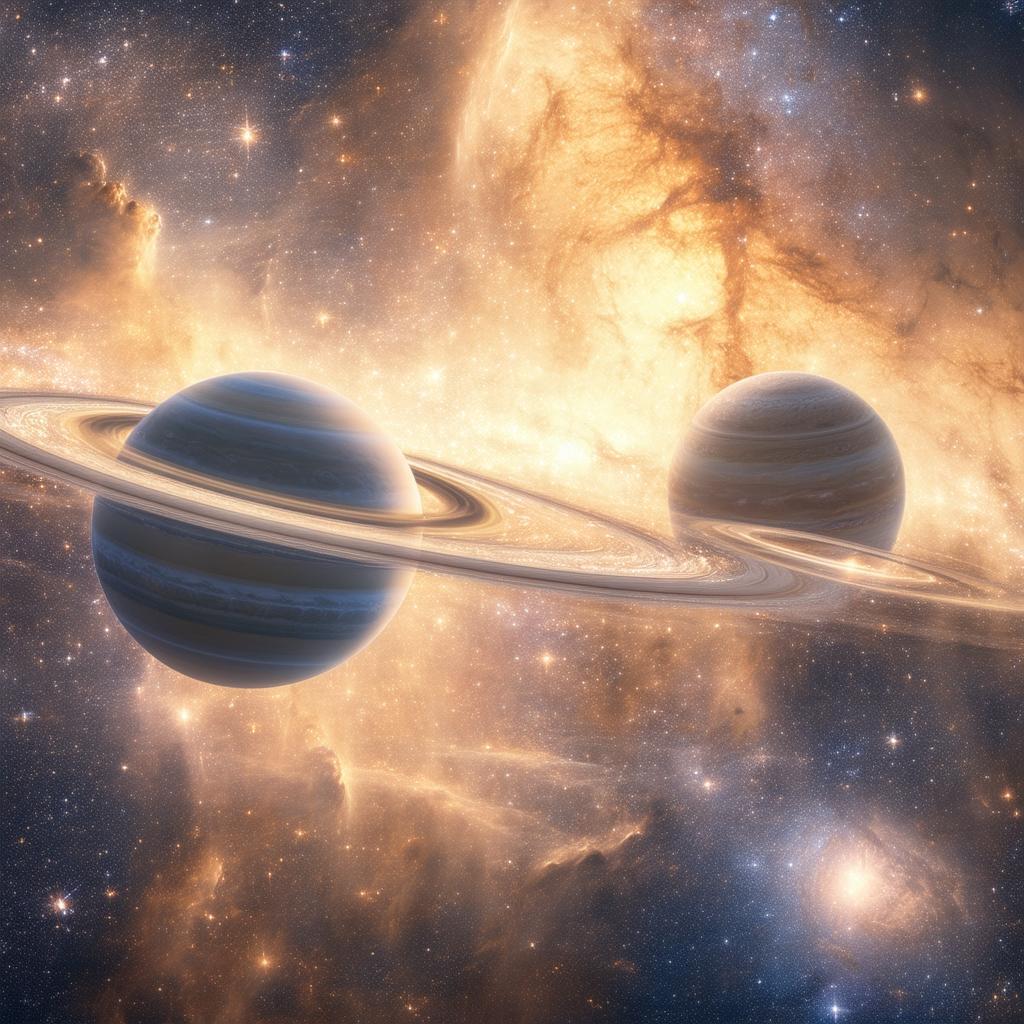 Ringed Planets Glowing Among Swirling Nebulae