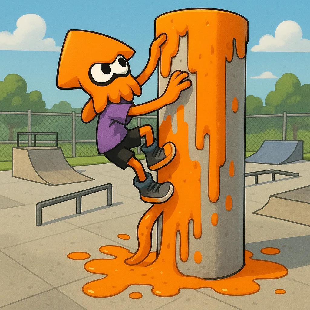 Squid-themed Character Climbs a Tall Cylindrical Structure