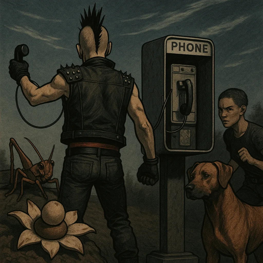 Punk Hero Reaches for a Payphone Where a Reddish-brown Grasshopper