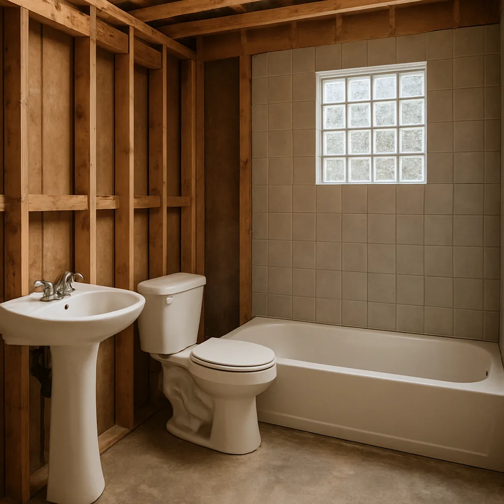 Unfinished Bathroom Featuring Exposed Wooden Studs