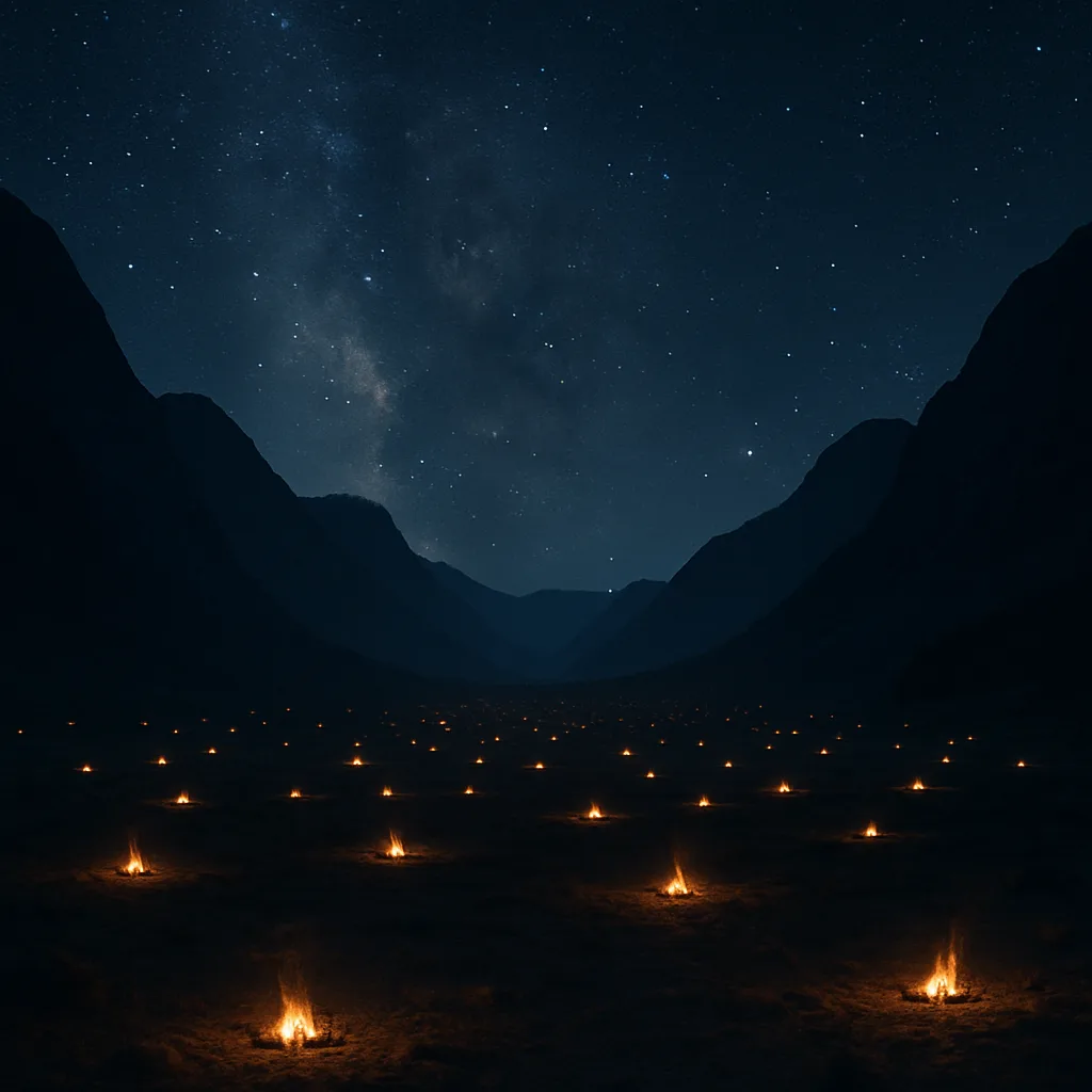 Numerous Tiny Campfires Flicker Like Scattered Embers Across a Vast