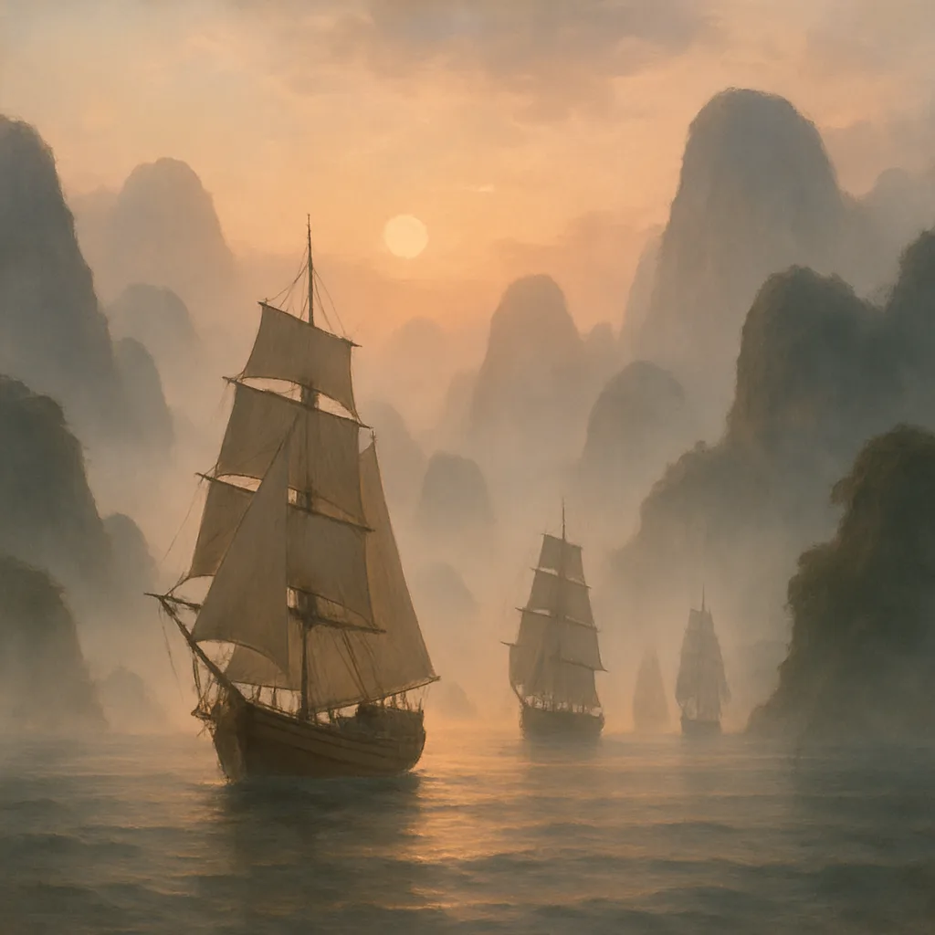 Small Fleet of Traditional Wooden Sailing Ships Navigates