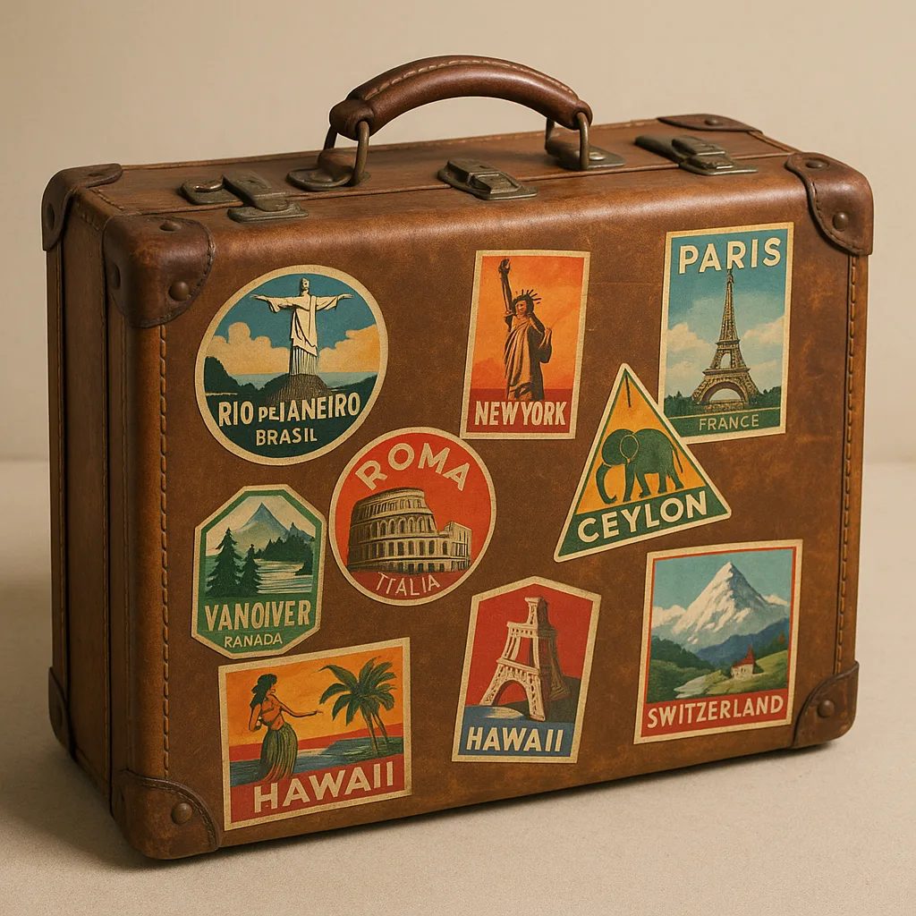 Classic Leather Suitcase Adorned with Stickers from Various Travel Destinations