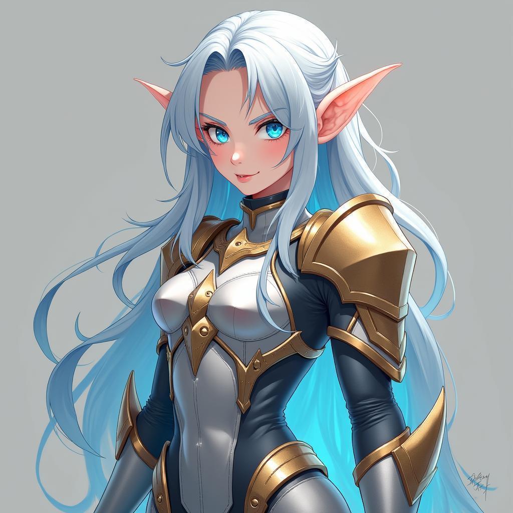 Silver Armored Elf Warrior in Anime Style