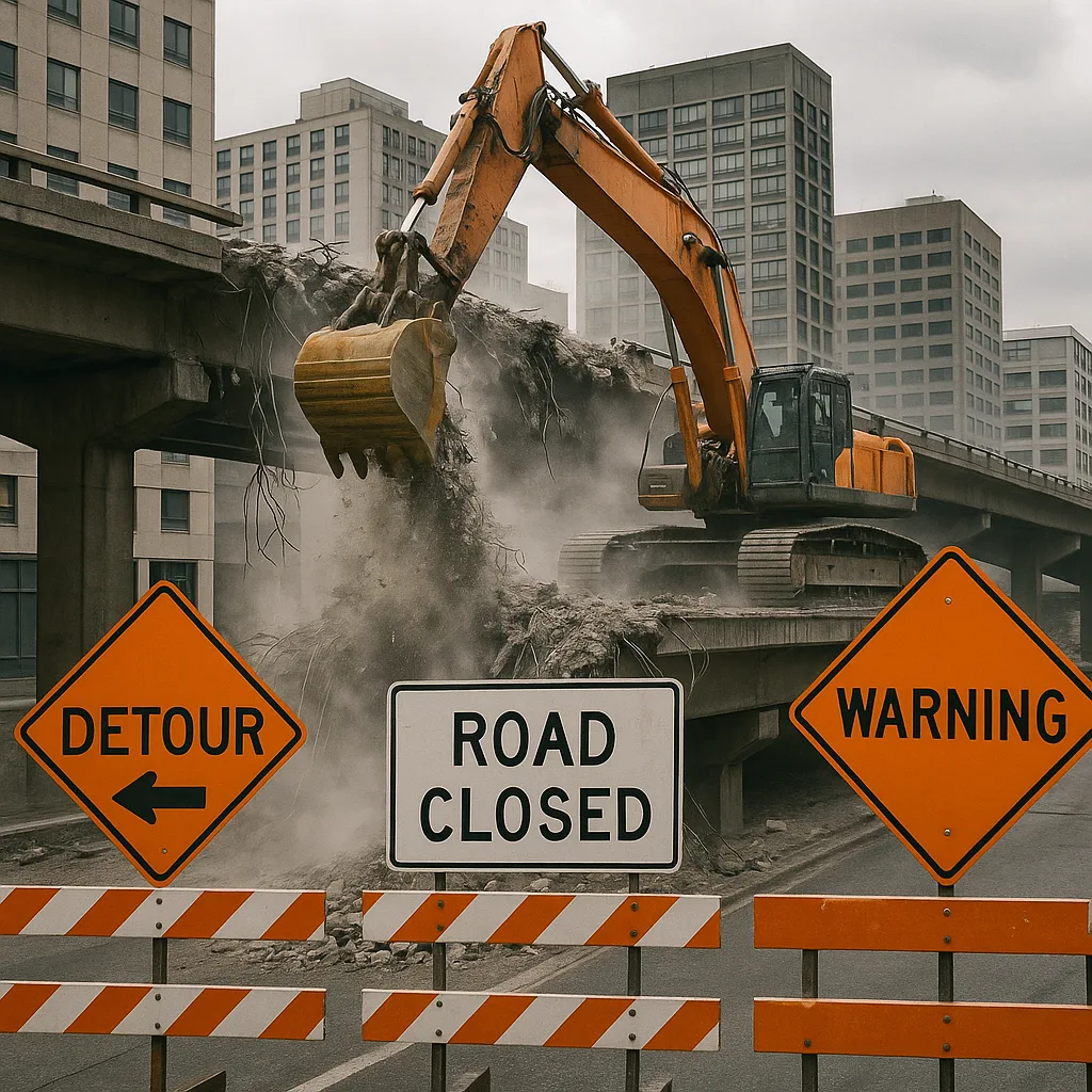 Construction Equipment Demolishing a Raised Freeway Structure in an Urban
