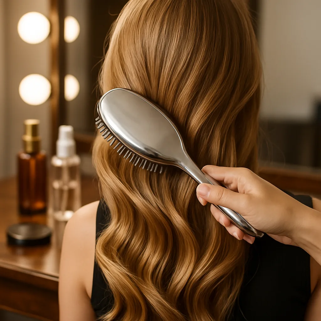 Streamlined Silver Brush Moves Gracefully Through Flowing Honey-blonde Locks