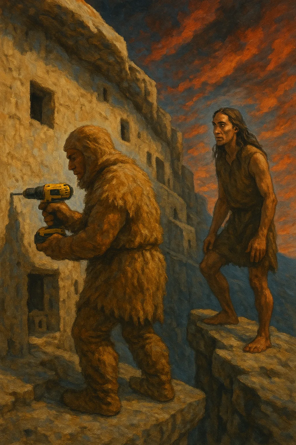 Tan Figure in Fur Uses a Yellow Power Drill