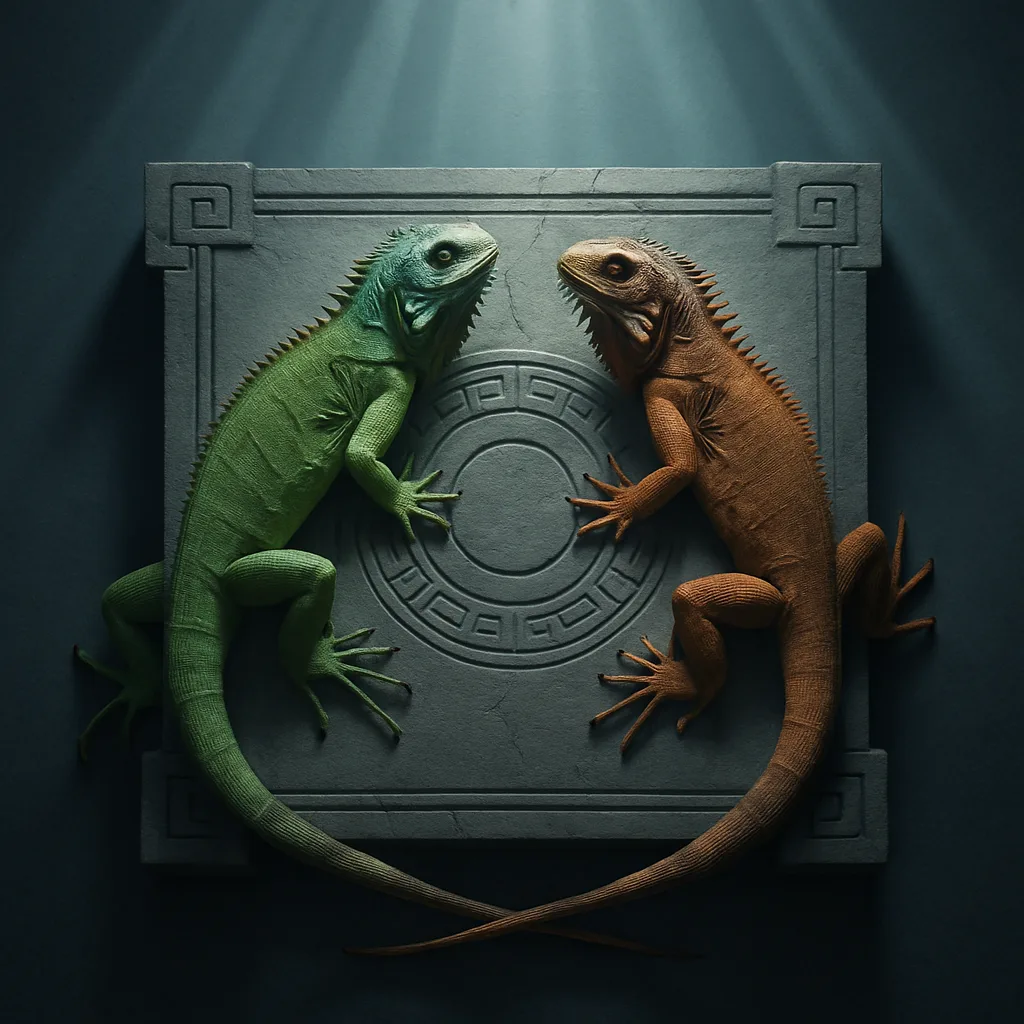 Two Diverse Common Iguanas on a Mysterious Altar