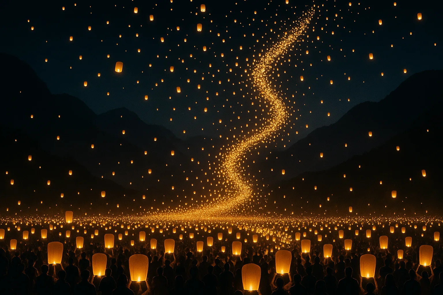 Countless Glowing Lanterns Drift Skyward from a Crowded Valley Festival