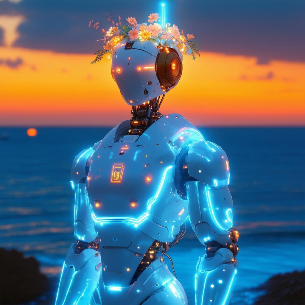 White Robot Crowned With Neon Flowers at Sunset