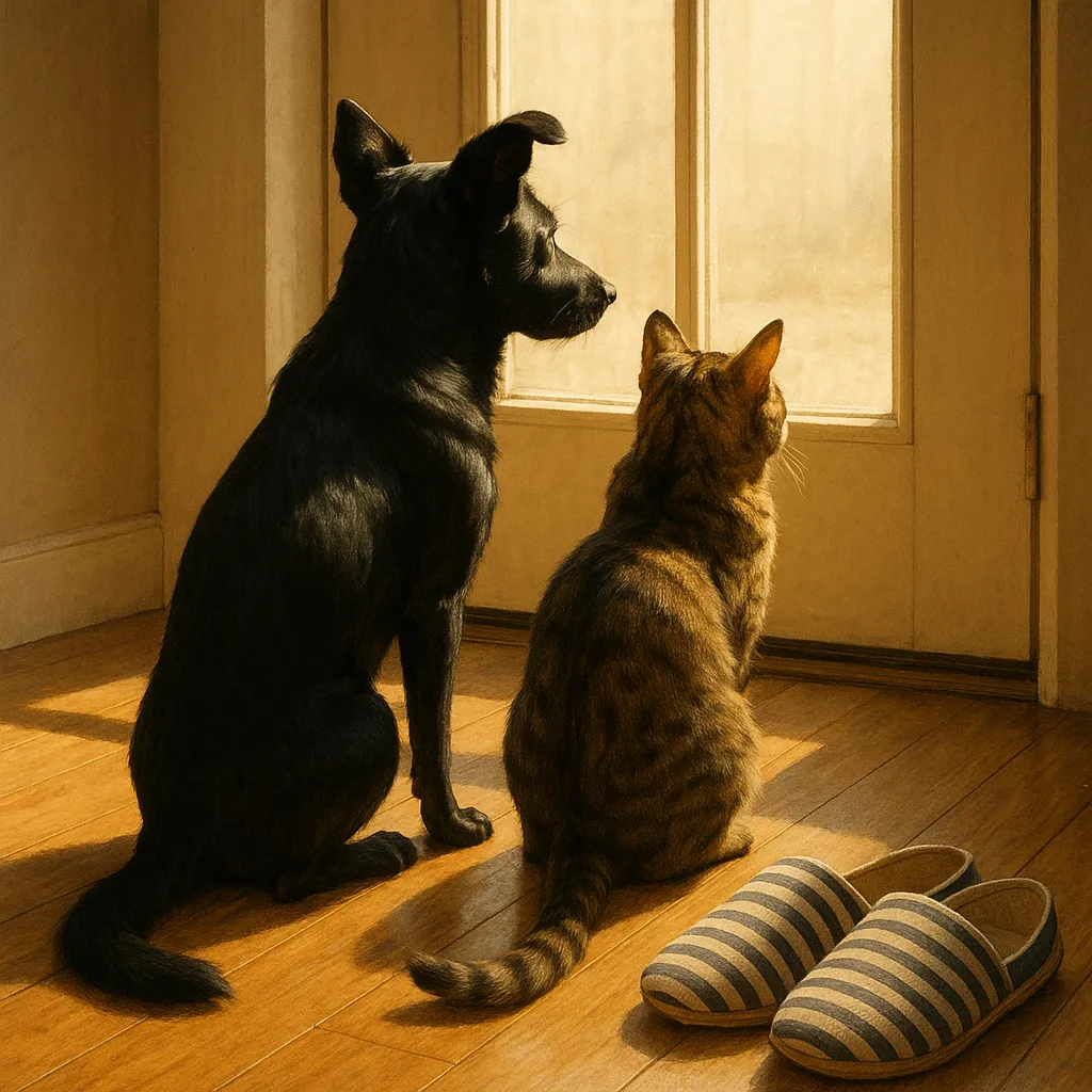 Black Dog and a Tabby Cat Sitting Together