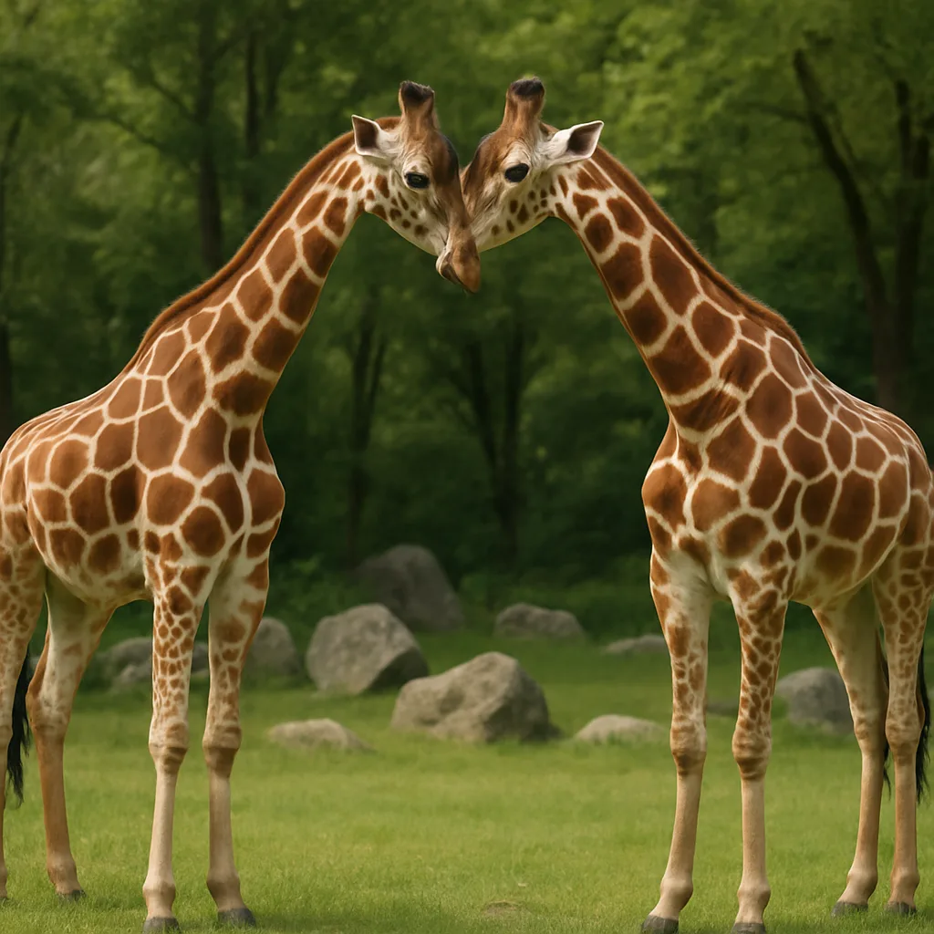 Two Giraffes with Patterned Coats Stand Head-to-head in a Grassy