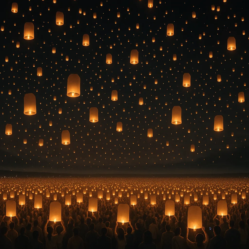 Innumerable Tiny Lanterns Drift Skyward from a Massive