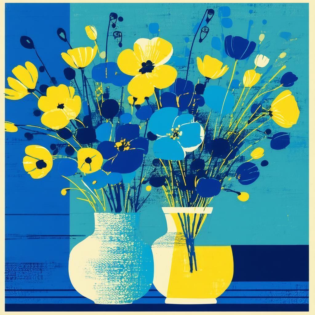 Mid Century Blue and Yellow Flowers in Vase