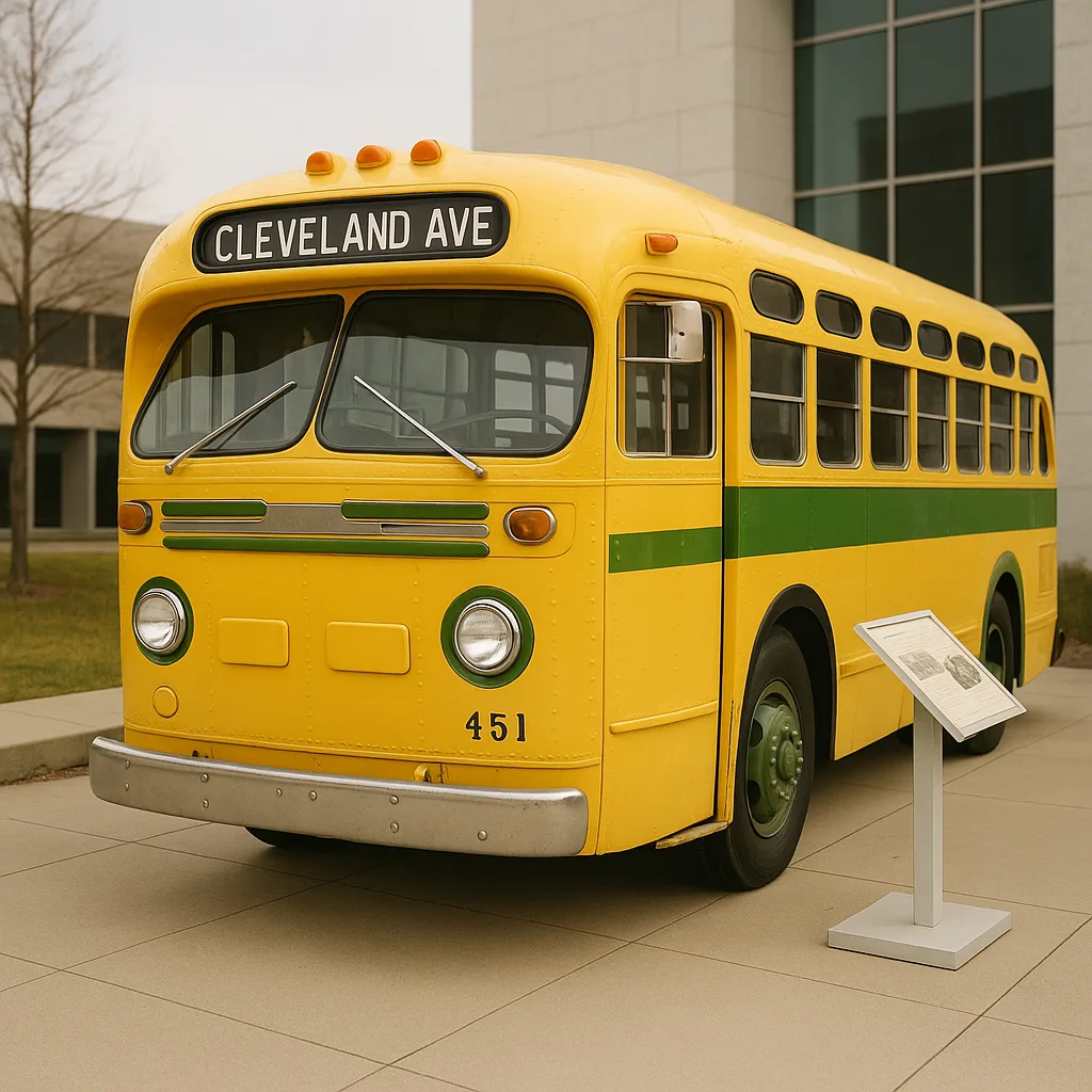 Vintage Yellow and Green Bus Labeled "Cleveland Ave"