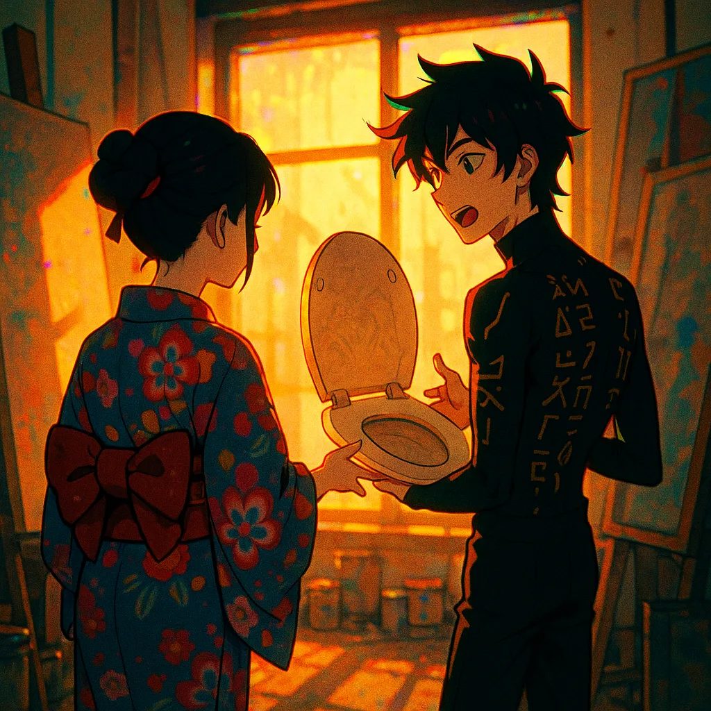 Teenager in Vibrant Kimono and an Anime-styled Male
