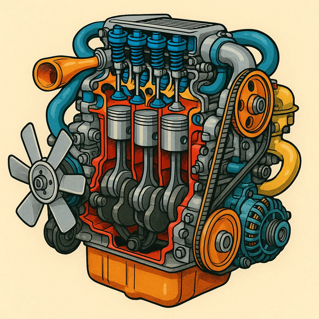 Vivid and Detailed Cross-section Drawing of a Car Engine