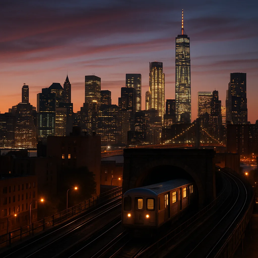 Subway Train Exits a Tunnel as the City Skyline Glows