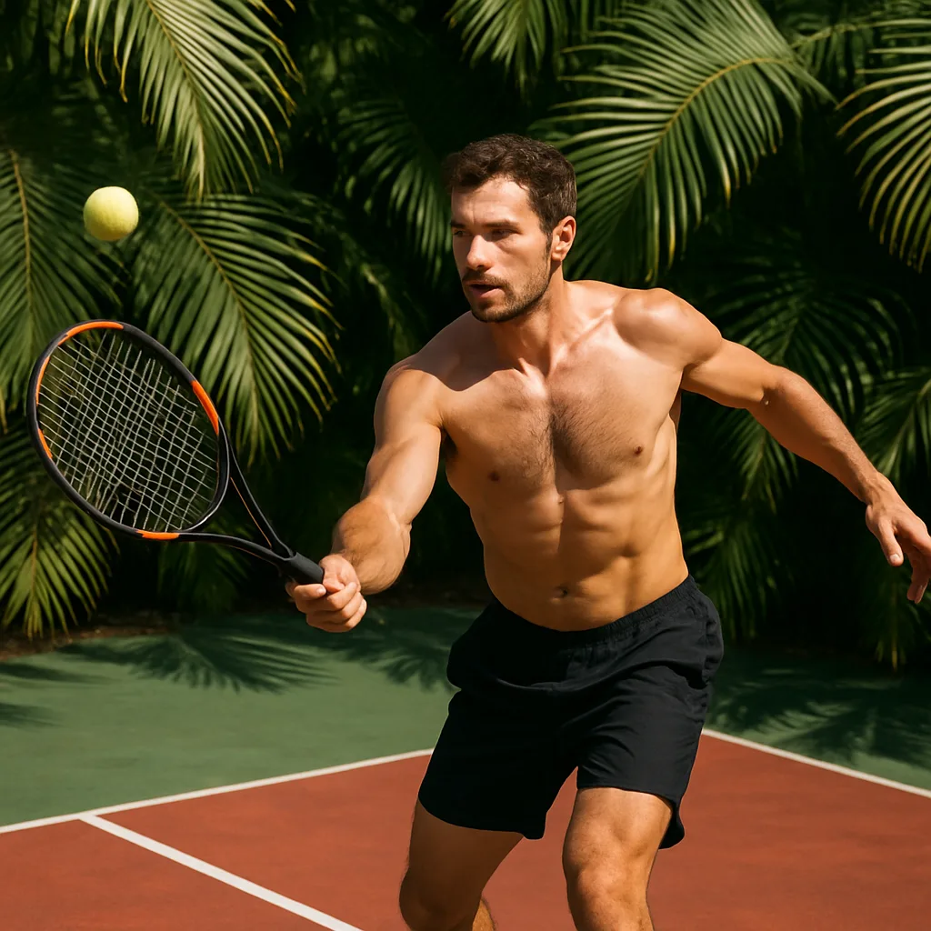 Shirtless Man Playing Tennis on a Red and Green Court
