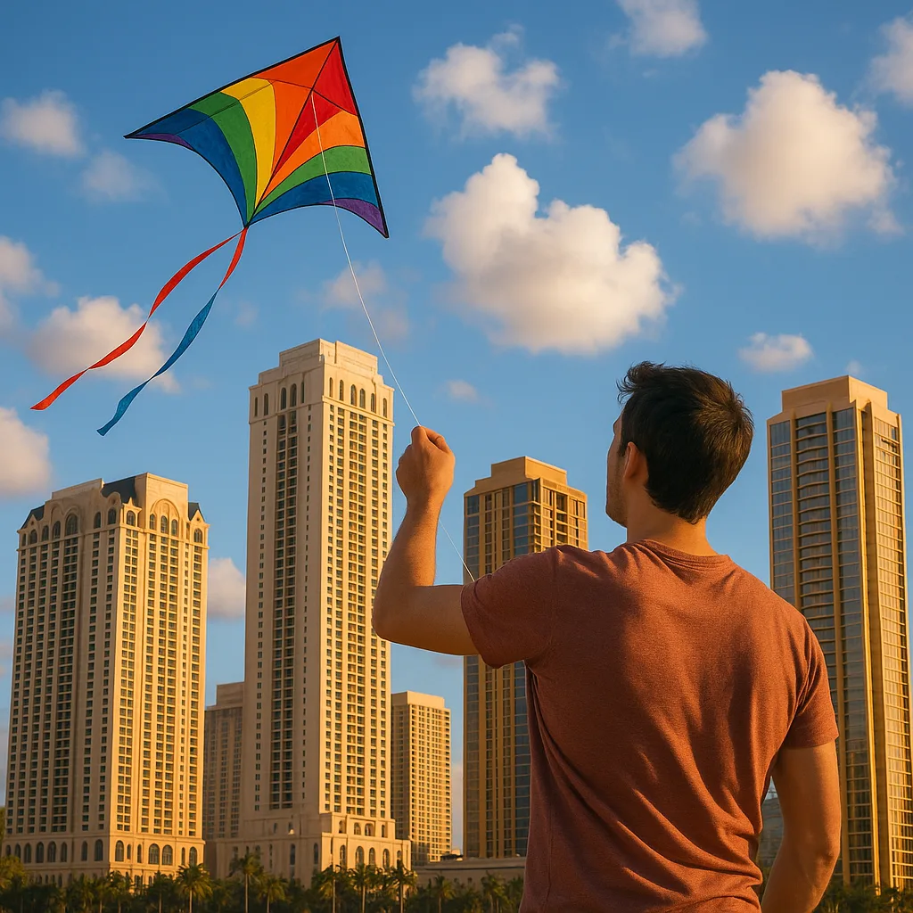 Man Grips a Vibrant Kite While It Flies High
