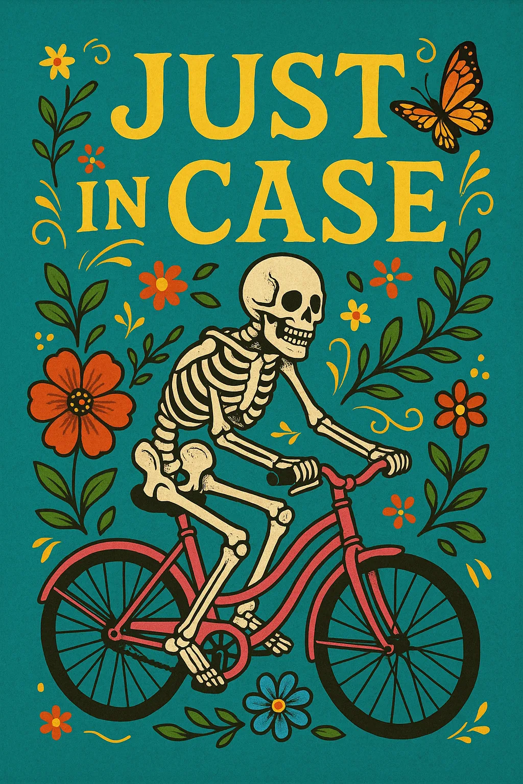 Vibrant Book Cover Featuring a Skeleton Riding a Pink Bicycle