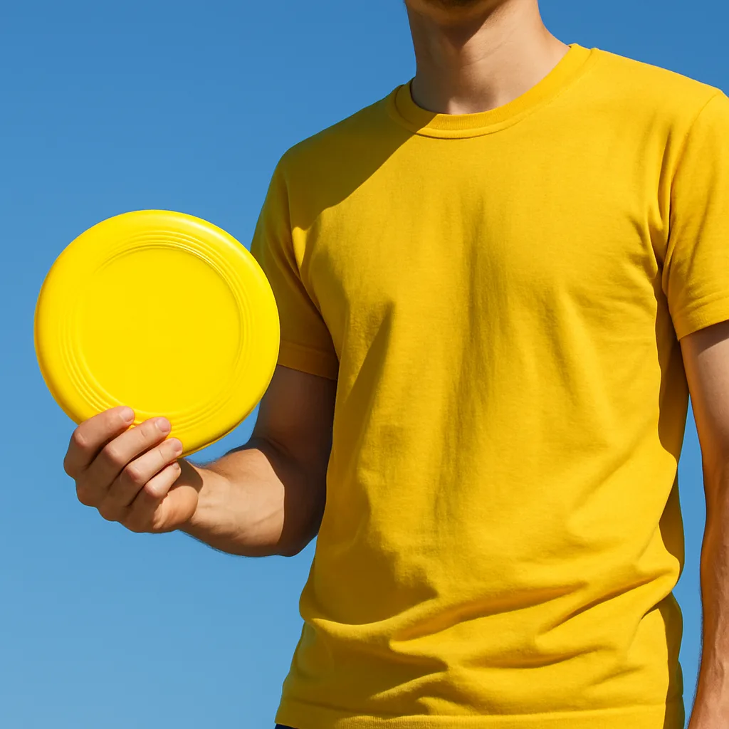 Person in a Yellow Shirt Holding a Bright Yellow Frisbee