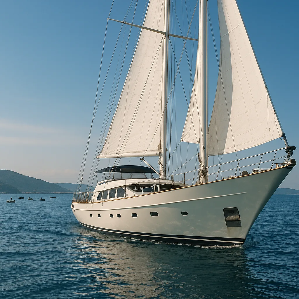 Zoomed-in View of a Sailing Yacht Positioned near the Shore