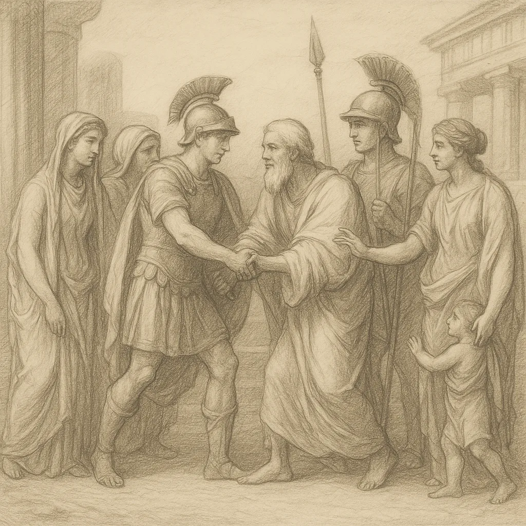 Classical-style Pencil Sketch Depicting a Group of Figures in Ancient