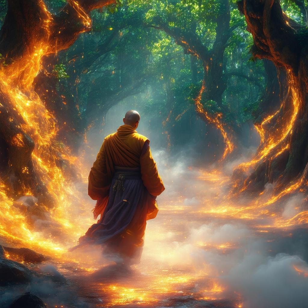 Monk Guiding a Lost Soul Through Mystical Limbo