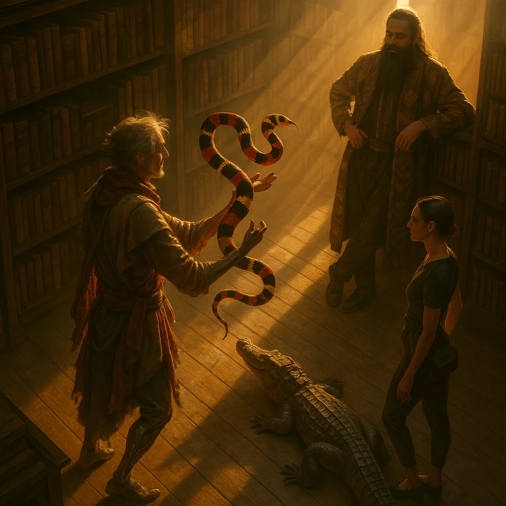 Within a Library of Floor-to-ceiling Dark Wood Bookshelves