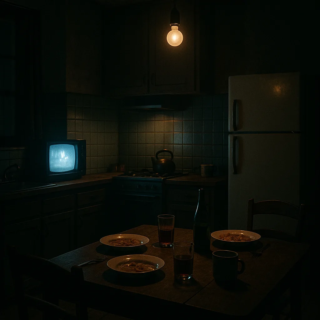 Dimly Lit Kitchen with a Small Television