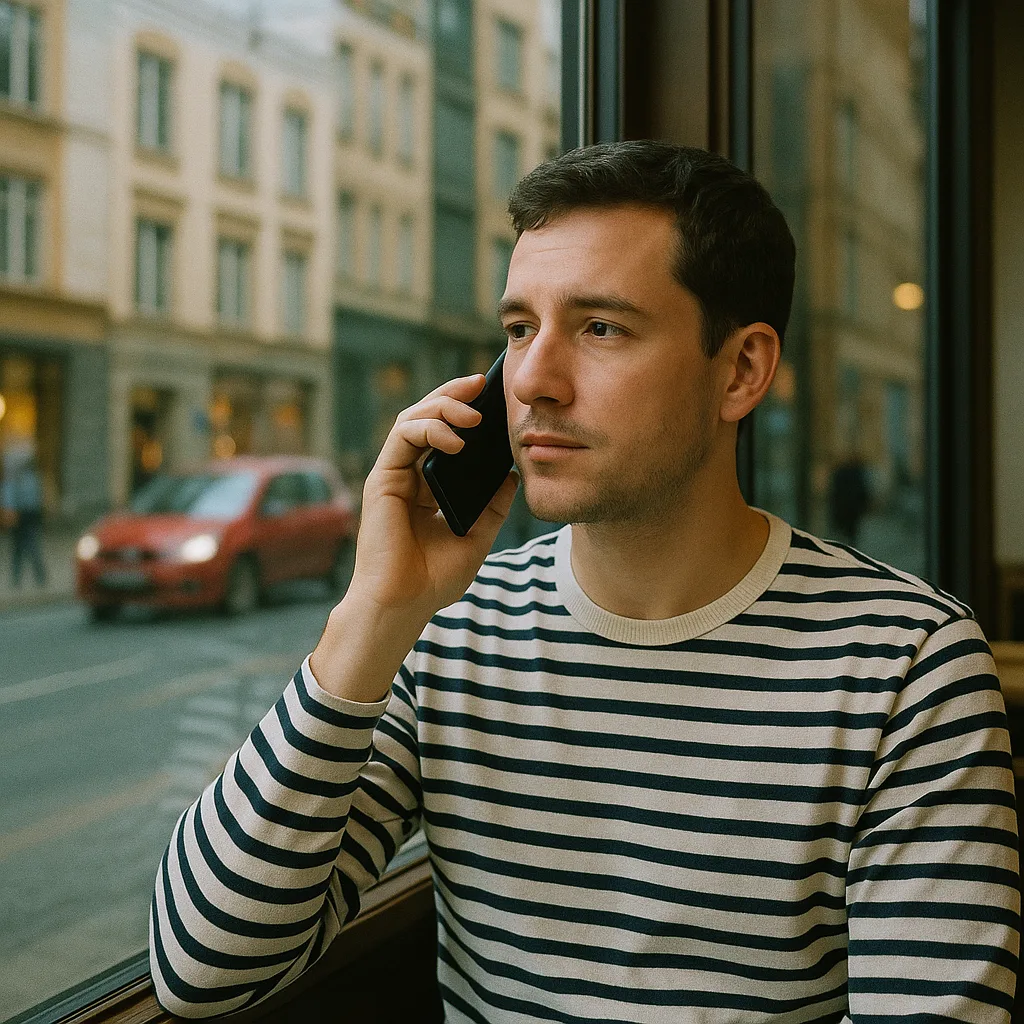 Person Wearing a Striped Shirt Is Sitting Indoors
