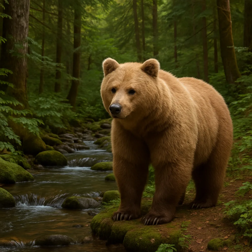 Pale Brown Bear by a Flowing Stream Within a Woodland