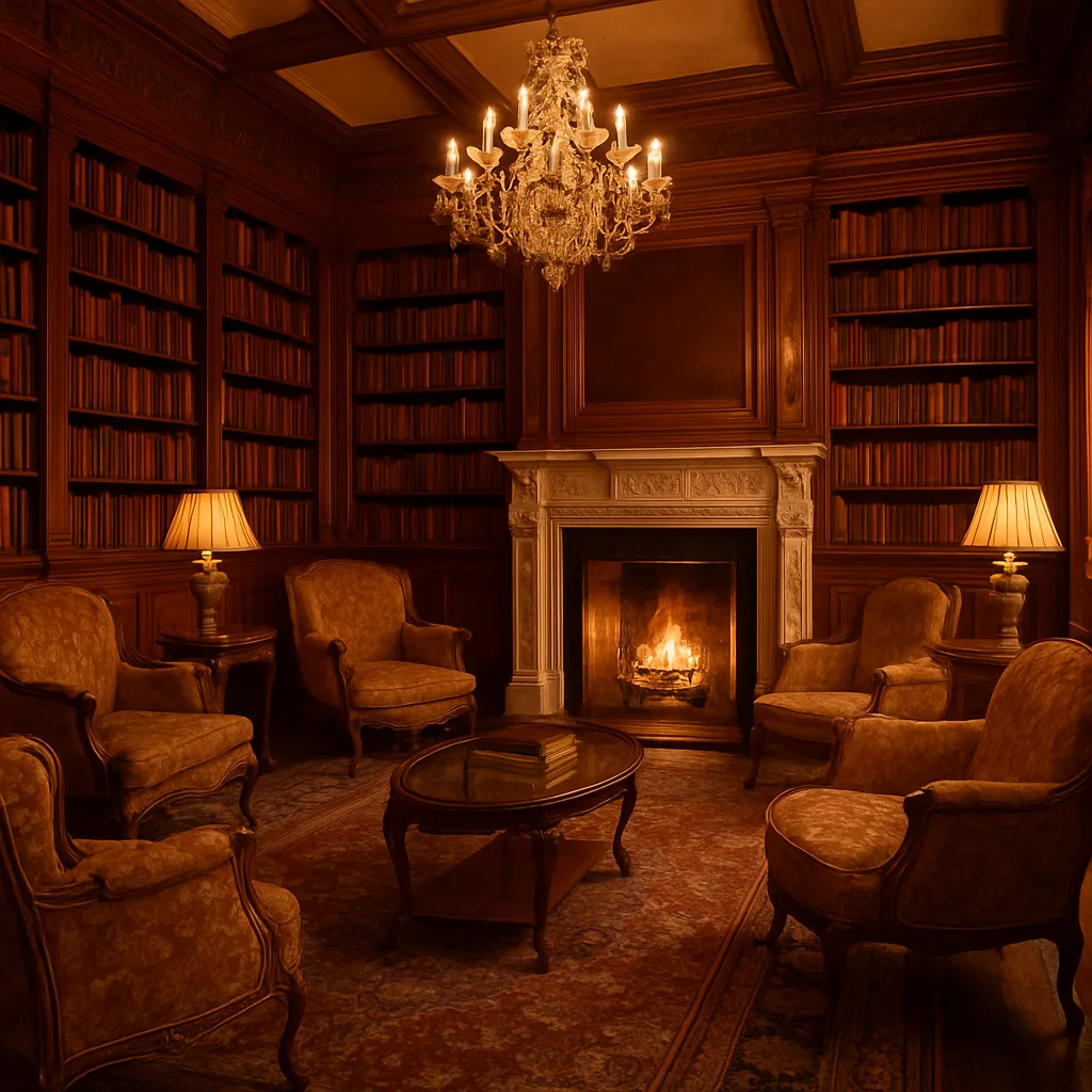 Luxurious Victorian-inspired Sitting Room Is Dominated by an Expansive Library
