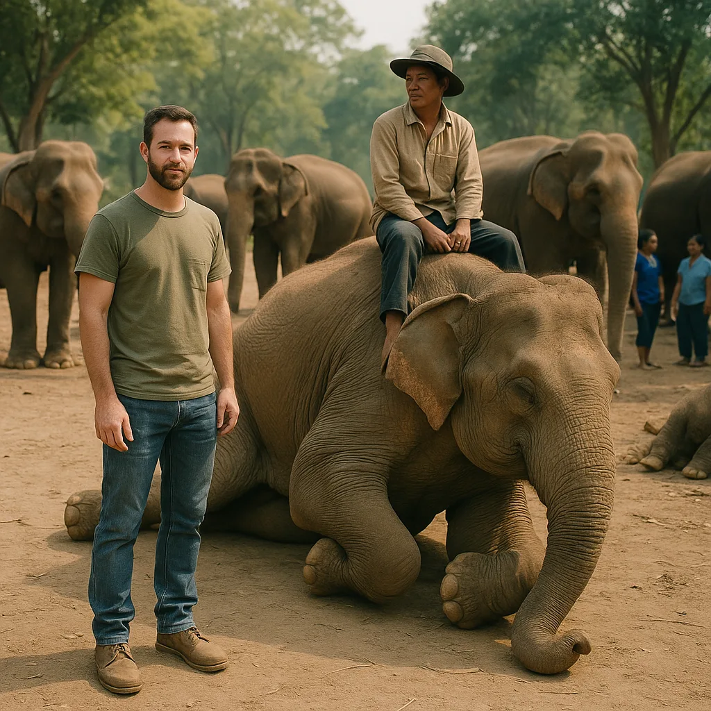 Man Stands near an Elephant Lying on the Ground