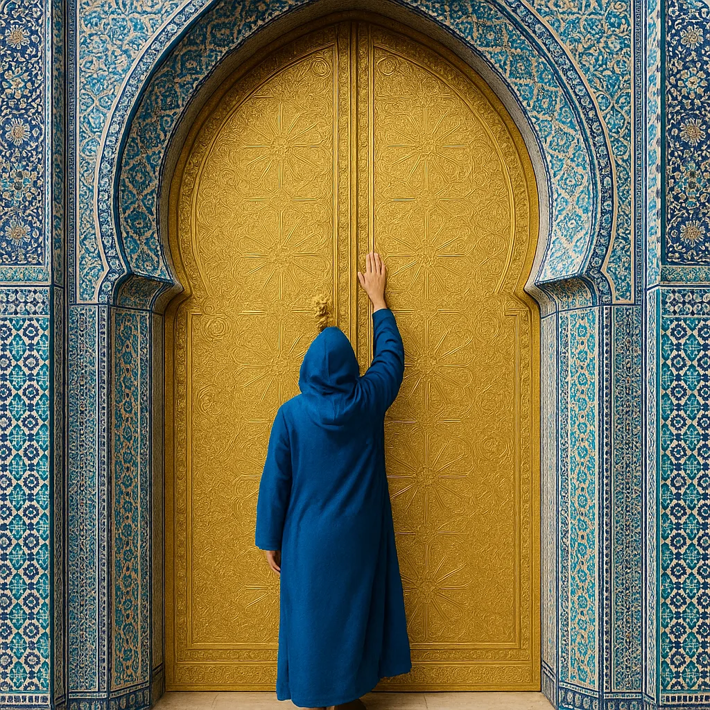 Person in a Blue Robe Reaches Up to Ornate