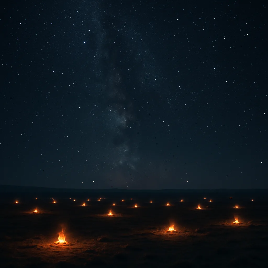 Many Distant Campfires Flicker Like Scattered Embers Across a Vast