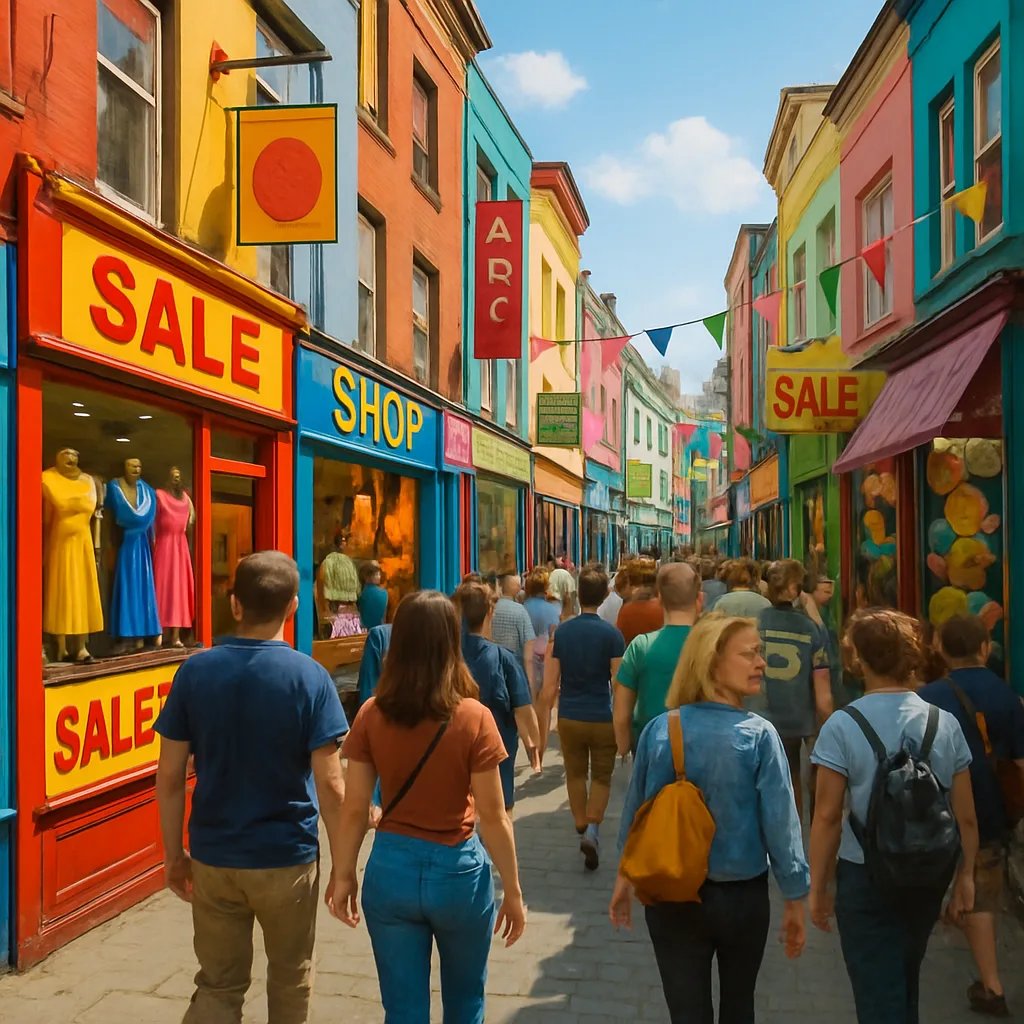 Lively Road Lined with People Strolling Past Energetic Shops