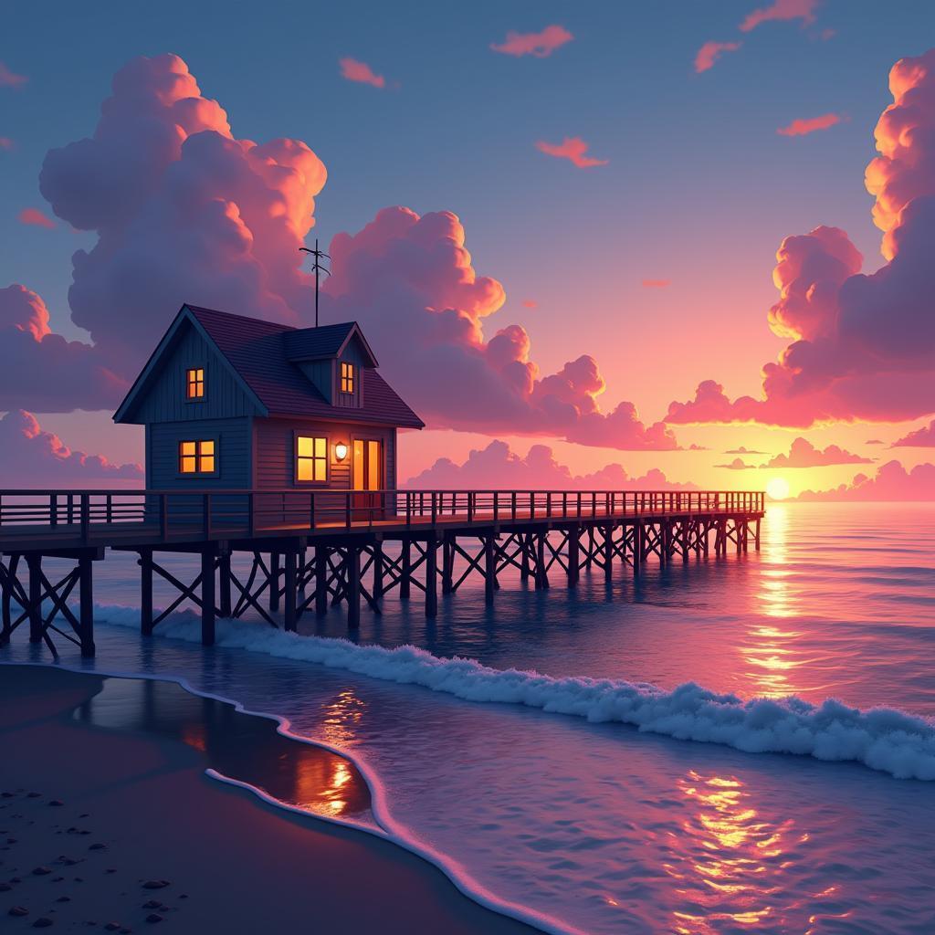Golden Hour Pier and Cozy House in Vector