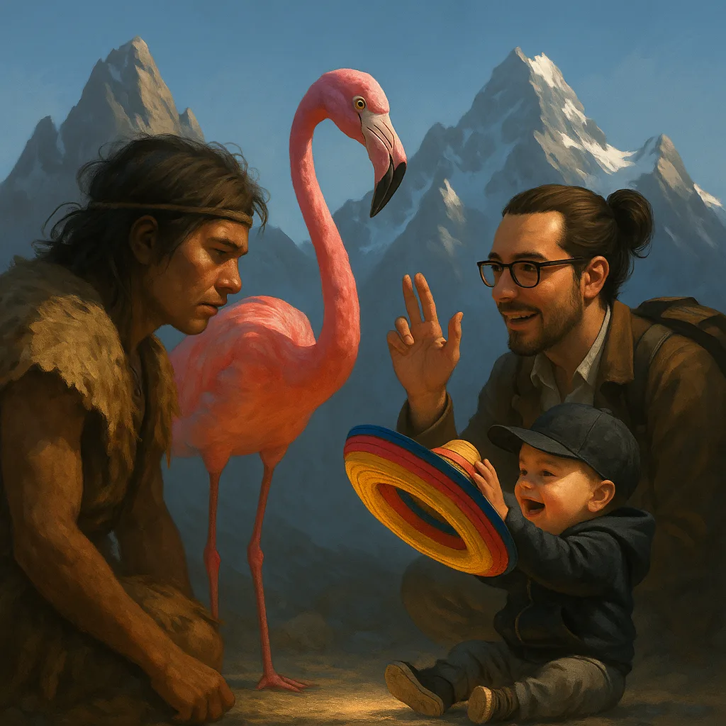 Non-binary Presenting Prehistoric Figure in Rugged Attire Intently Observes