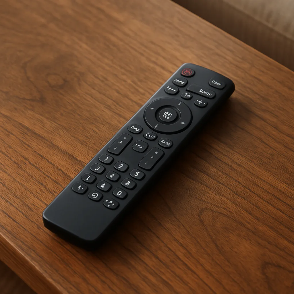 Modern Black Remote Control Resting on a Wooden Coffee Table