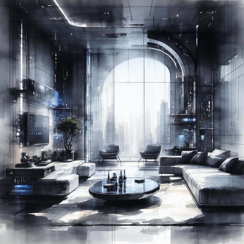 Ink Wash Cyberpunk Apartment in Fluid Chiaroscuro